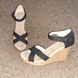 TOMS "Sierra" Black Canvas Ankle Strap Wedge Cork Heel Sandals-SZ 7.5-Near Mint